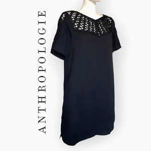 Anthropologie black crochet linen cotton cutout short sleeve shift dress pockets